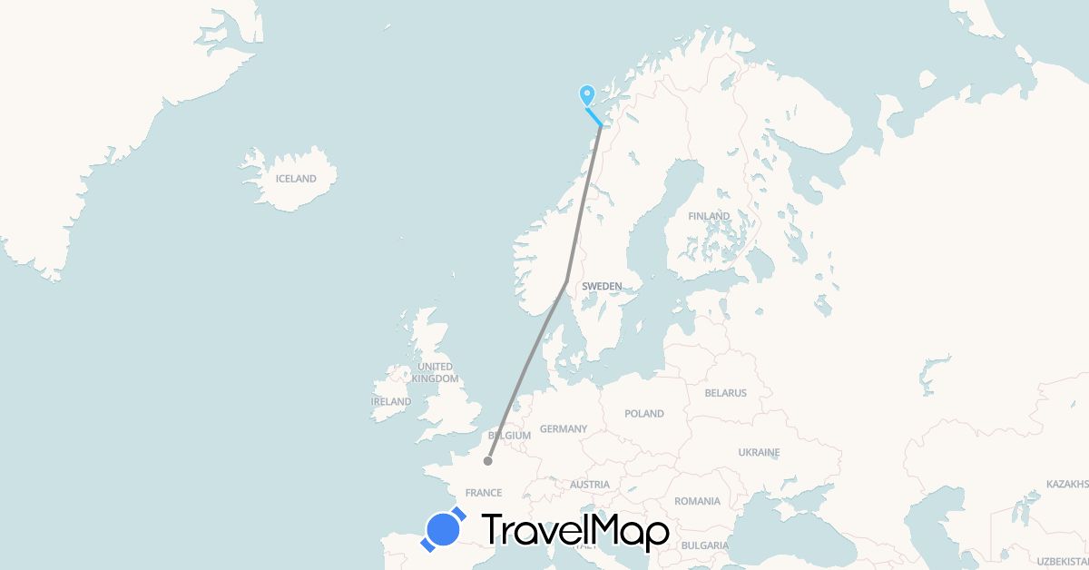 TravelMap itinerary: driving, plane, boat in France, Norway (Europe)